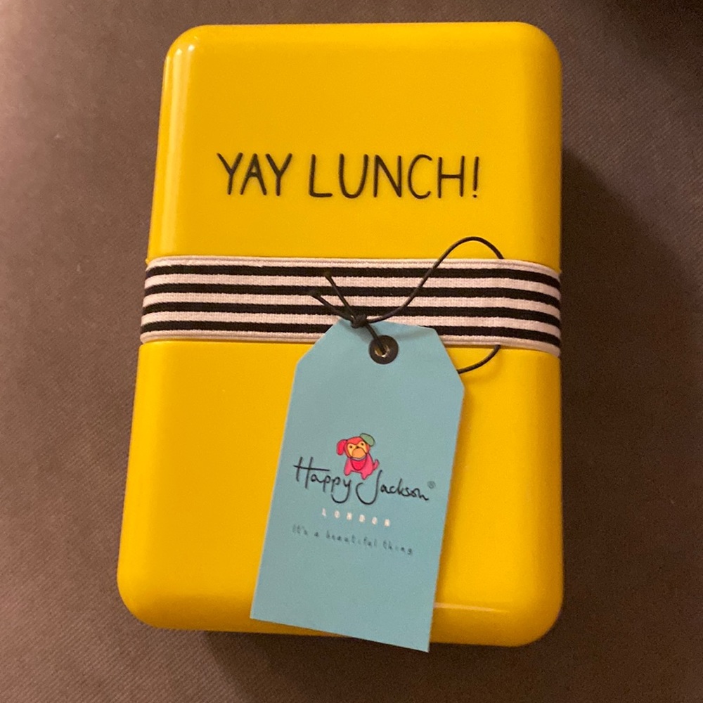 Happy Jackson, London,Plastic Lunch Box,5” X 7”, yellow & blue wth elastic strap